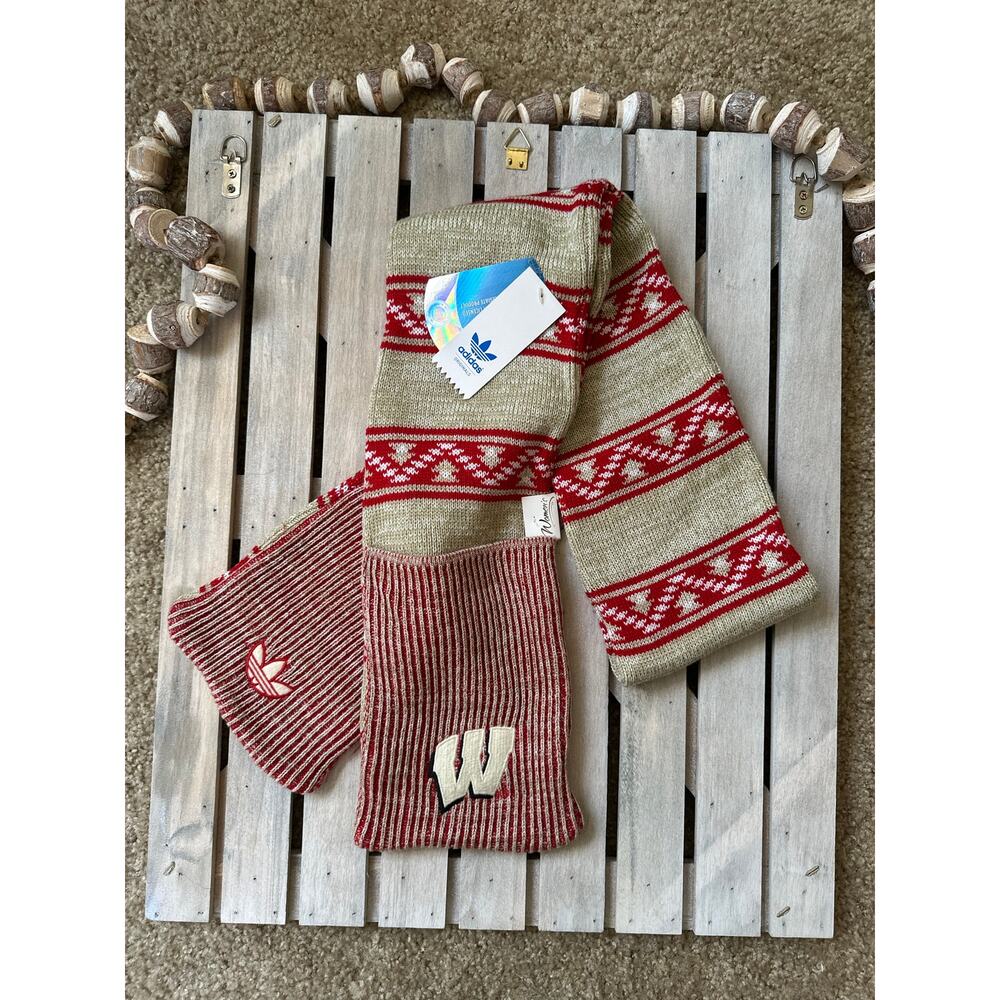 NWT Adidas Wisconsin Stripe Red White Tan Scarf